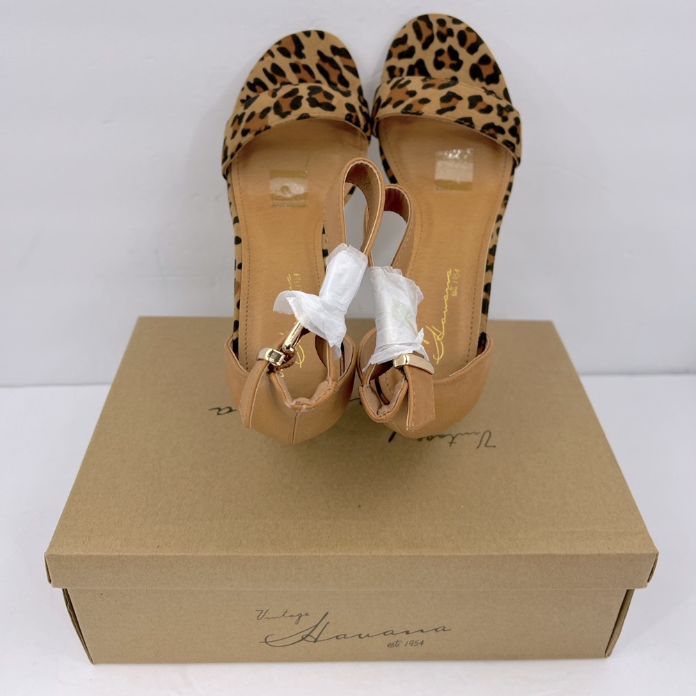 VINTAGE HAVANA,BEIGE & COFFEE LEOPARD PRINT OPEN TOE MIDTOP, ANKLE LOOP W/BUCKLE - Picture 6 of 14